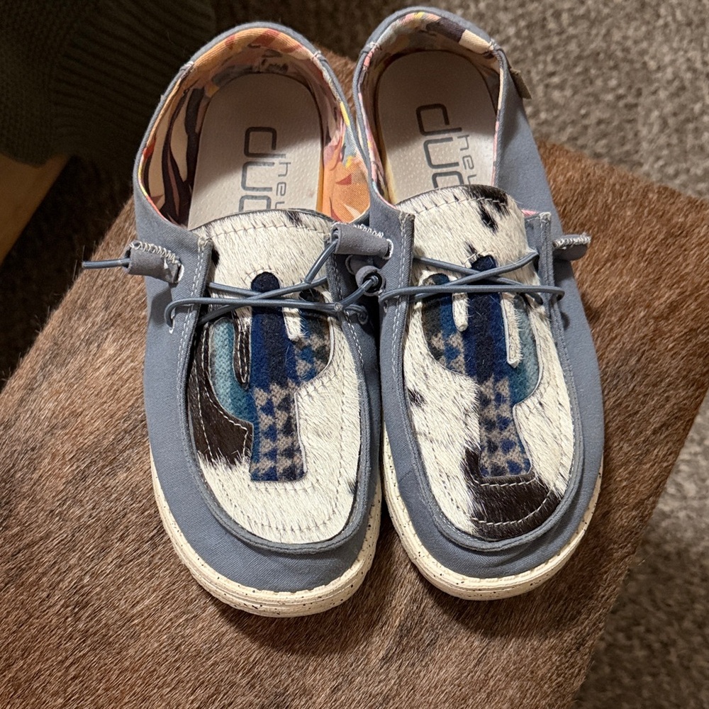 Western Women’s Hey Dude- Blue and White Cowhide Cactus Design
